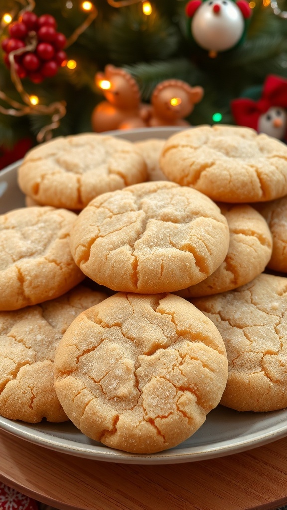 Classic Snickerdoodle Christmas Cookies Recipe A plate of golden-brown snickerdoodle cookies dusted with cinnamon sugar, set against a festive holiday backdrop.